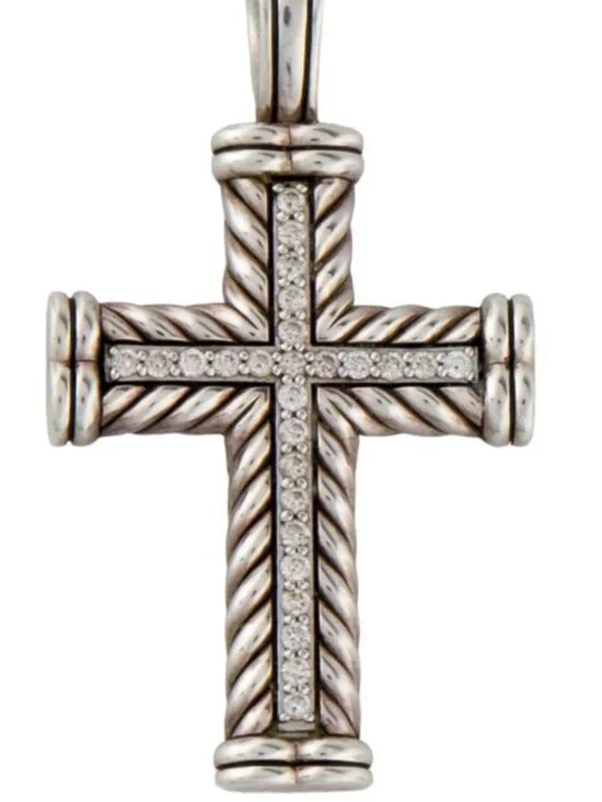 DAVID YURMAN DIAMOND STERLING SILVER 925 CHEVRON CROSS PENDANT - Picture 2 of 8